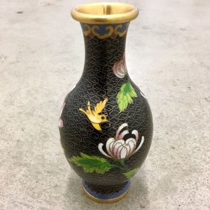 Vintage Asian vase small gold black, bird, flowers